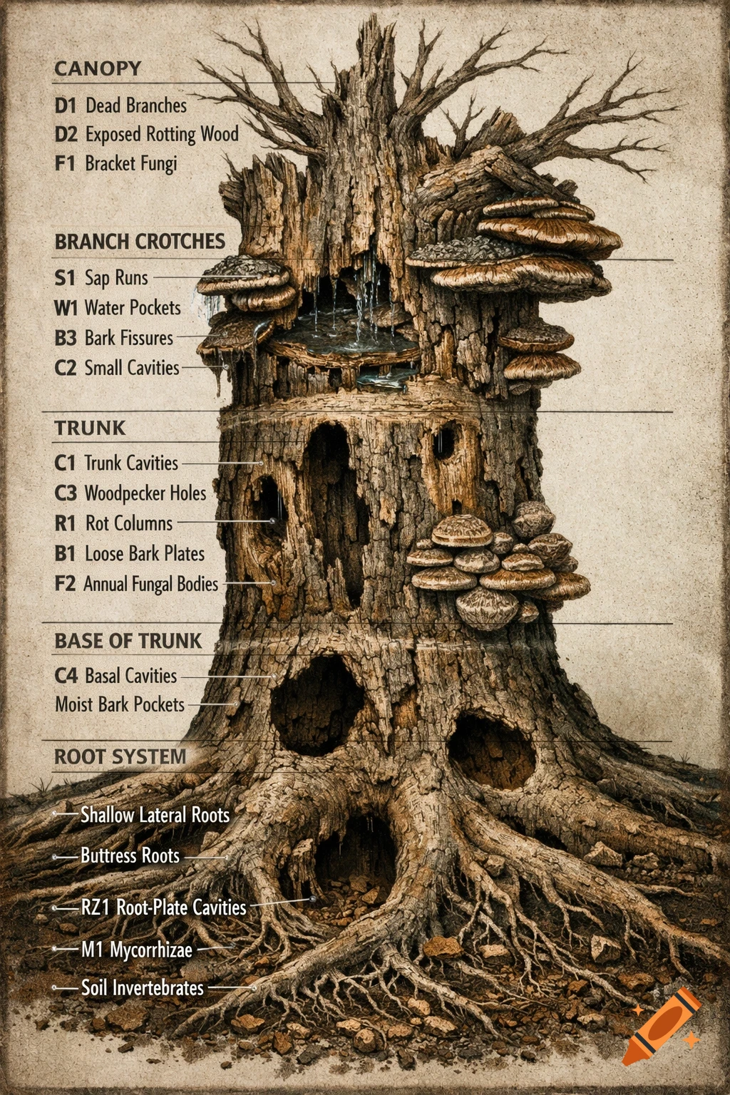 An illustrated diagram labeling various parts of a large, old tree trunk, roots, and canopy, detailing features like cavities, fungi, and rotting wood.