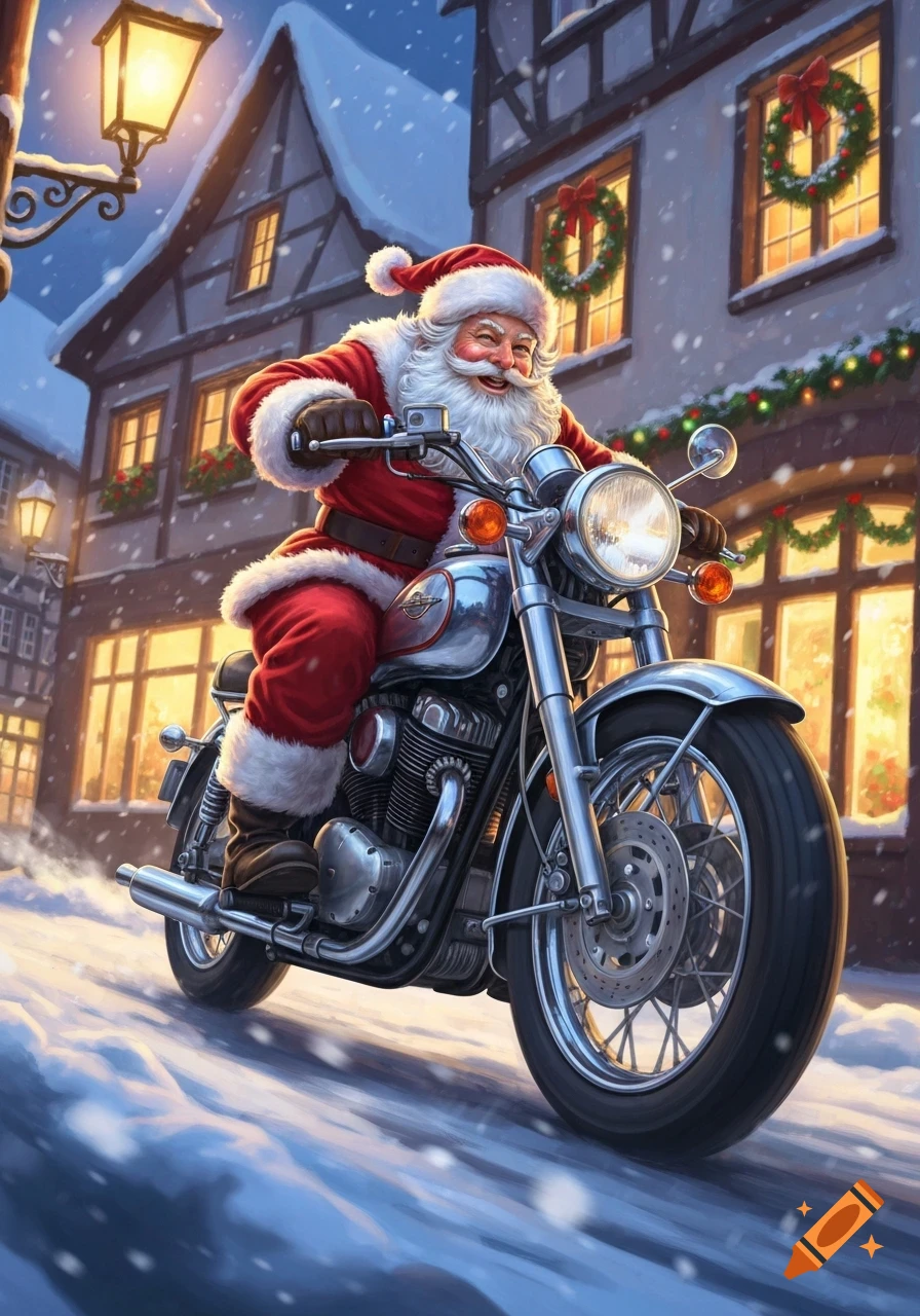 A cheerful Santa Claus rides a chrome motorcycle down a snowy street past festive, lit buildings at night.