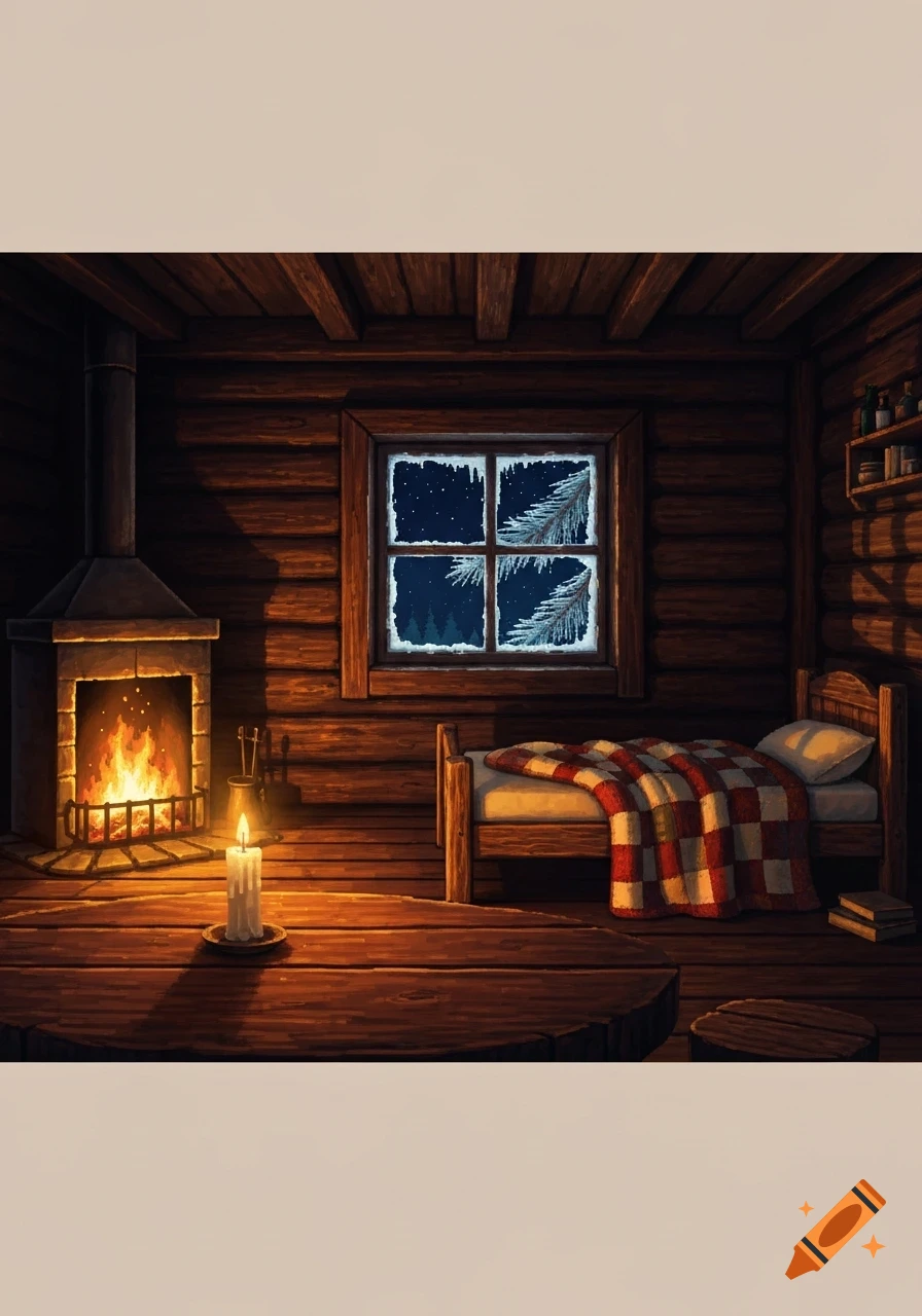 A cozy wooden cabin interior at night with a roaring fireplace, a bed with a red and white checkered blanket, and a snowy window.