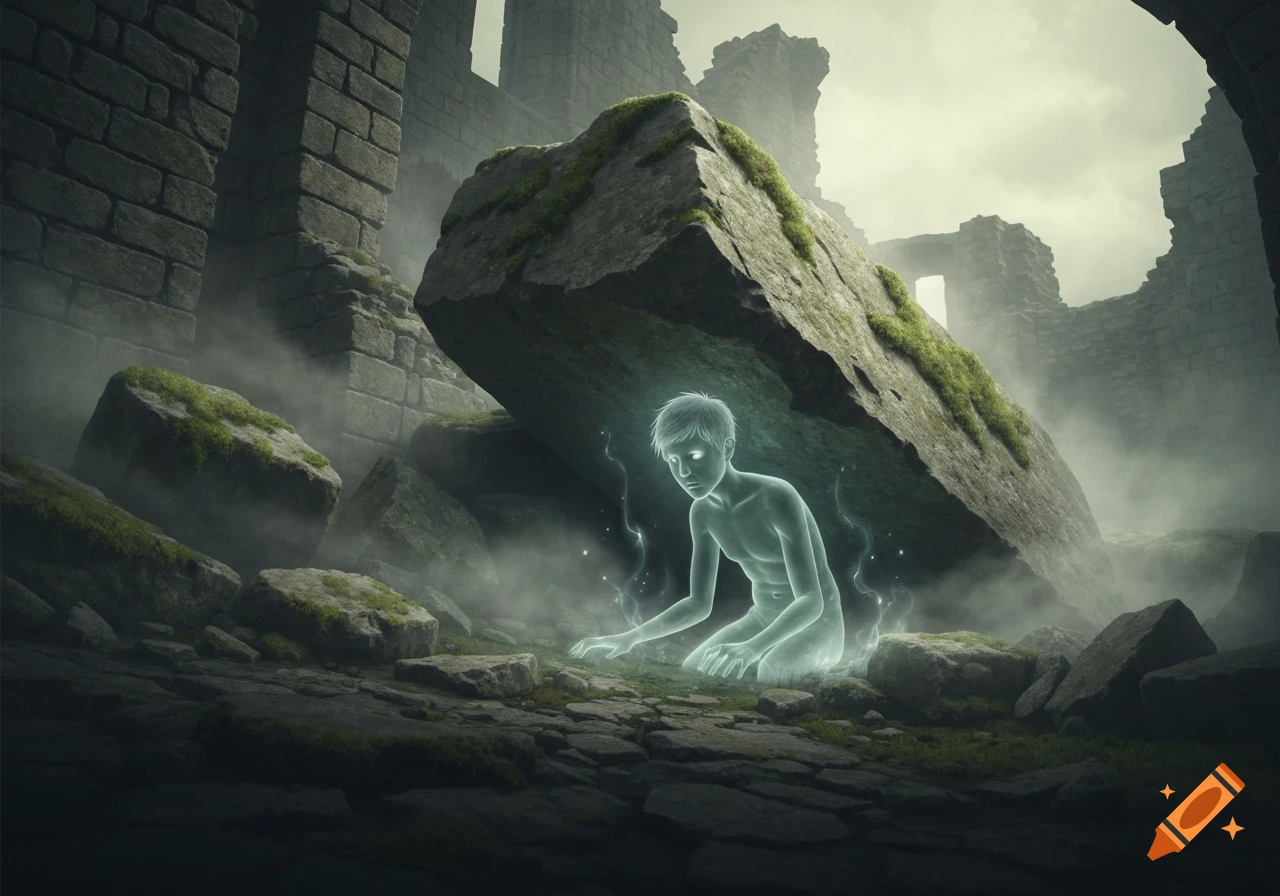 A glowing ethereal boy, like a ghost, kneels among mossy stone ruins and mist, under a large tilted stone block.