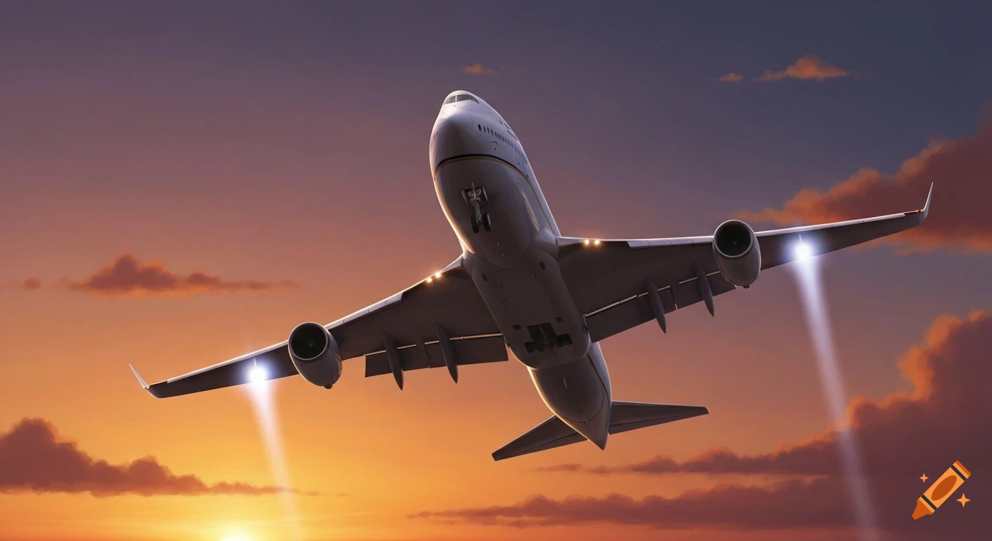 A large passenger jet takes off into a vibrant orange and purple sunset, with landing gear deployed and lights illuminated.