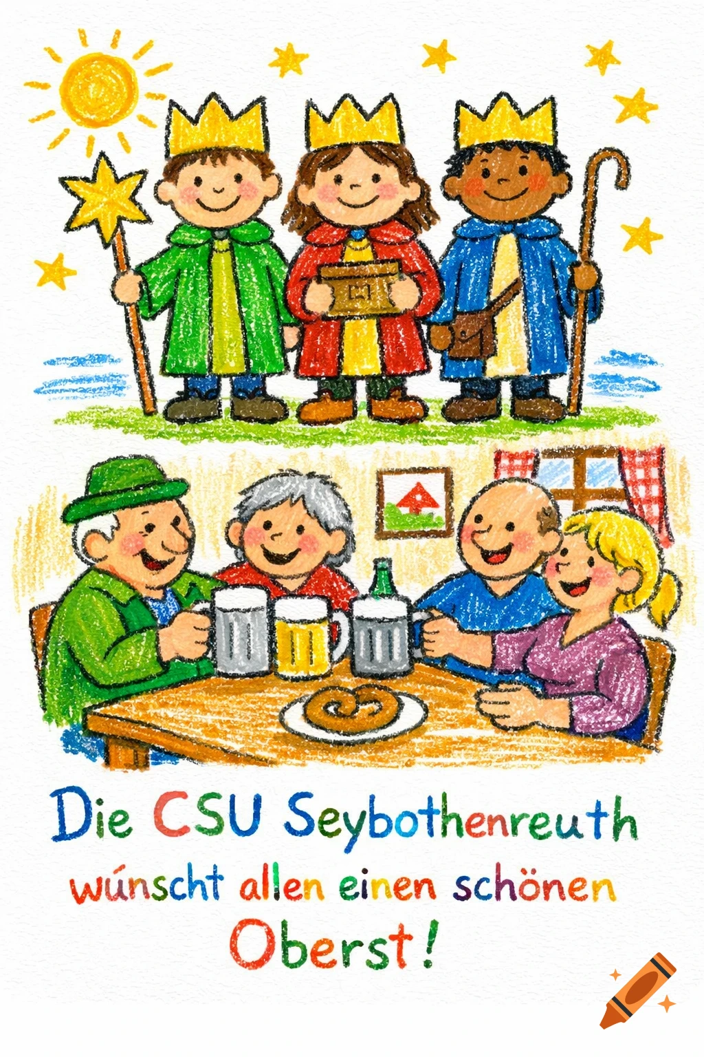 Childlike crayon drawing of three children in king costumes (Sternsinger) above adults drinking beer at a table with a pretzel. German text at bottom.