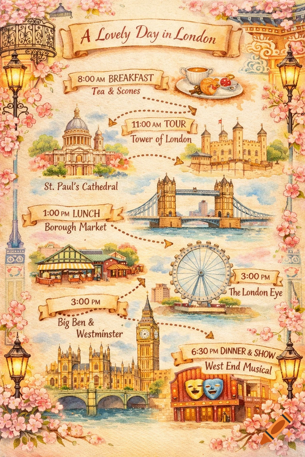 A whimsical watercolor map of a one-day London itinerary, showing landmarks like St. Paul's Cathedral, Tower Bridge, London Eye, Big Ben, and a West End Musical theater, framed by cherry blossoms and streetlamps.