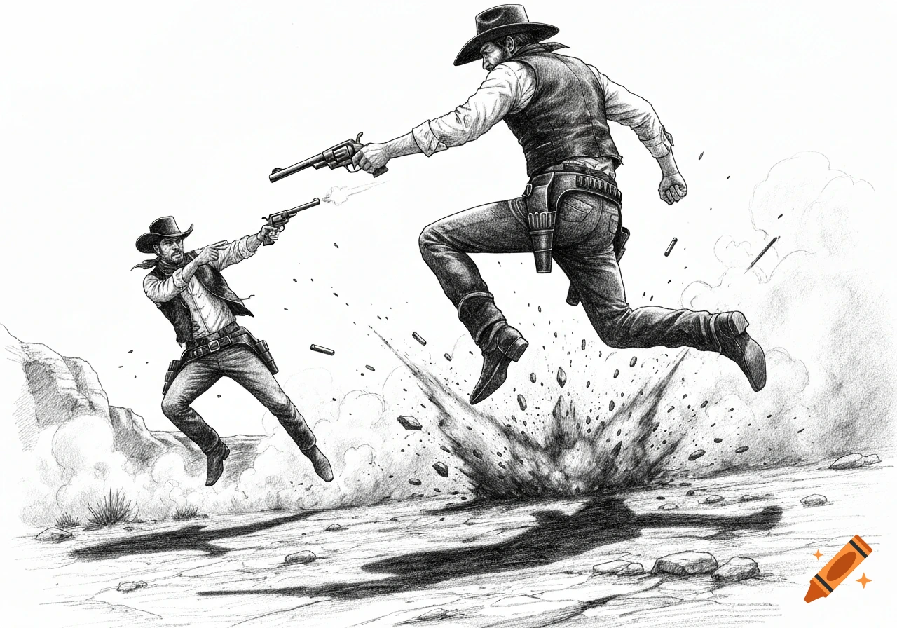 Dynamic pencil sketch of two cowboys leaping and shooting during a Wild West shootout, with an explosion between them.