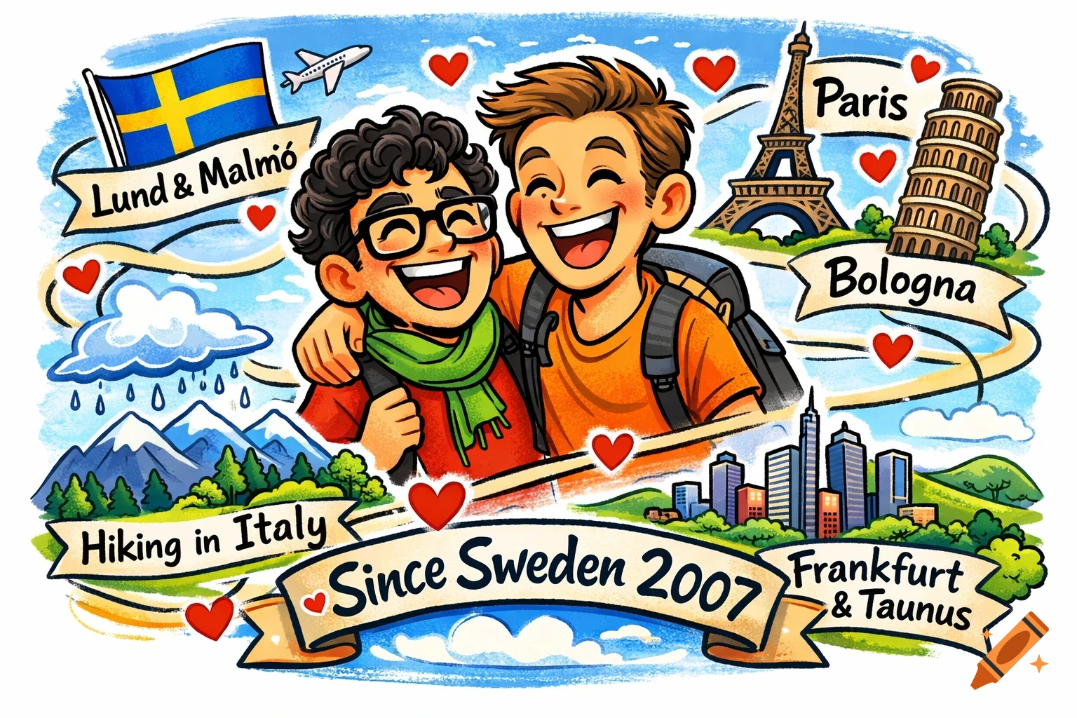 Cartoon illustration of two happy friends with backpacks, surrounded by European landmarks like the Eiffel Tower and Leaning Tower of Pisa, with text indicating travel destinations.