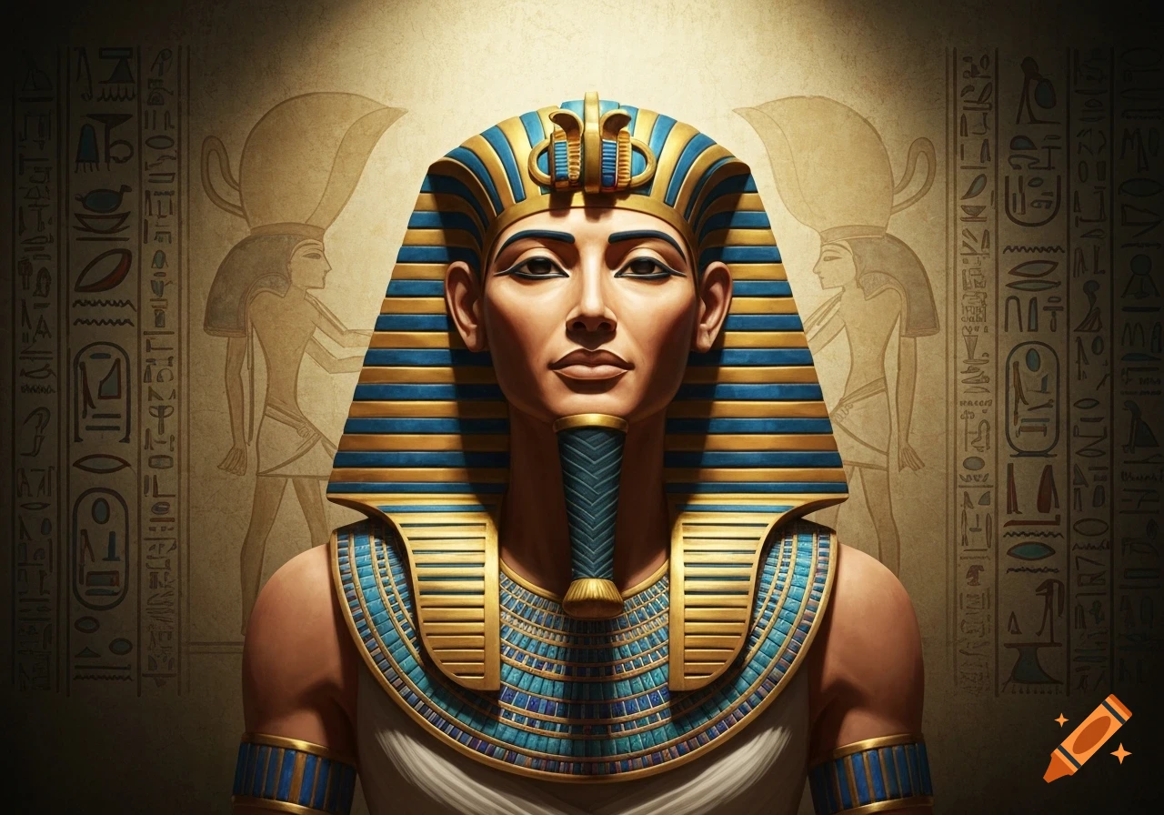Front-facing bust of an ancient Egyptian pharaoh in a blue and gold nemes headdress and broad collar, against hieroglyphic wall carvings.