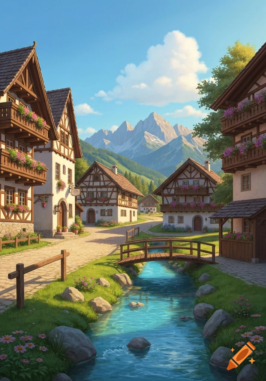 A scenic Bavarian village with traditional houses, a stream with a wooden bridge, and snow-capped mountains under a blue sky.