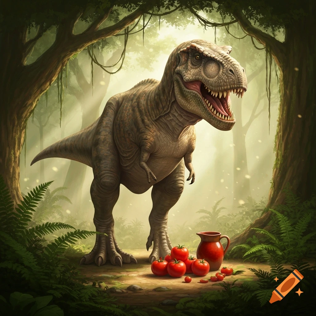 A realistic T-Rex in a misty jungle stands near a pile of red tomatoes and a clay pitcher.