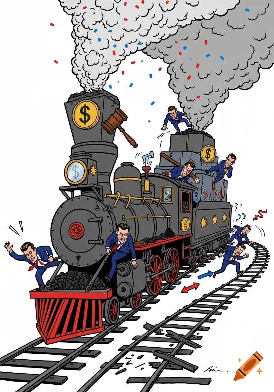 A political cartoon shows men in suits on and falling off a train with dollar signs, a gavel, and broken tracks, spewing smoke and confetti.