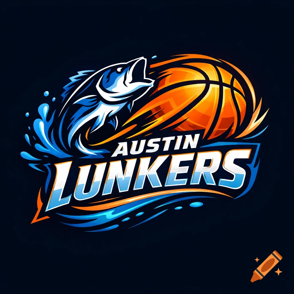 Sporty logo featuring a leaping fish in water next to a basketball, with text 'AUSTIN LUNKERS'.
