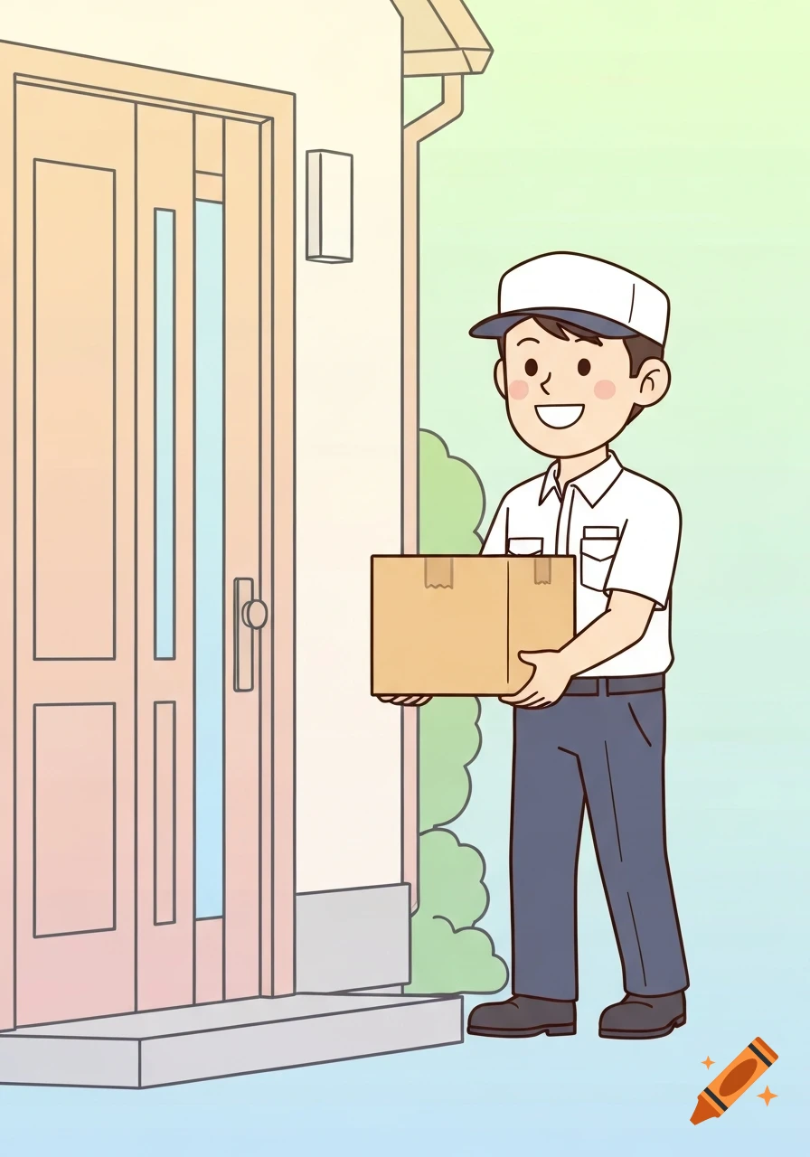 A cheerful 2D cartoon delivery man in a uniform carries a box from a house's doorstep, in Irasutoya-inspired style.