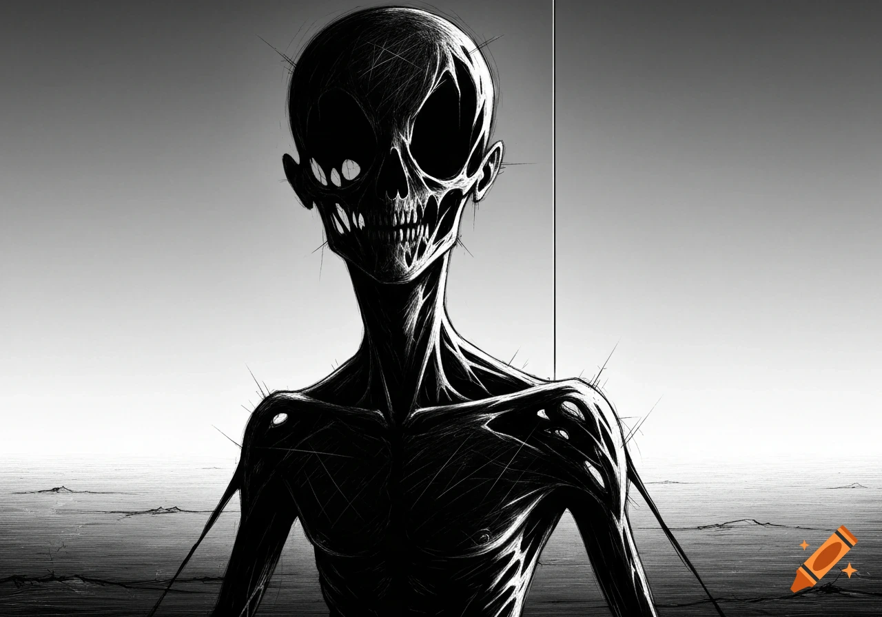 A stark black-and-white drawing of a skeletal, emaciated humanoid creature with hollow eyes and sharp teeth, against a grey background.