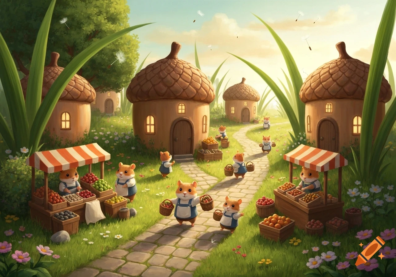 A whimsical village of hamsters in acorn houses, with hamsters carrying baskets and selling produce at market stalls along a stone path.