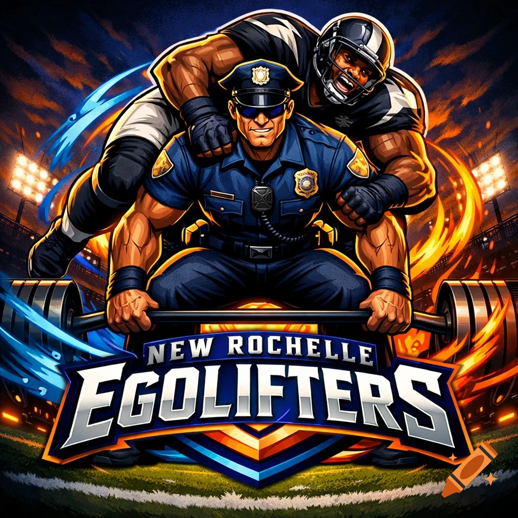 Vibrant digital art of a muscular police officer and an American football player posing with a barbell, over a 'NEW ROCHELLE EGOLIFTERS' logo and stadium background.