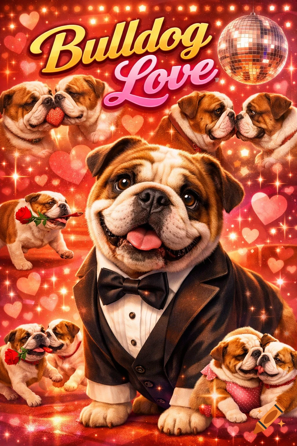 A promotional image for "Bulldog Love" features a happy bulldog in a tuxedo surrounded by other bulldogs and hearts on a sparkly red background, with a disco ball.
