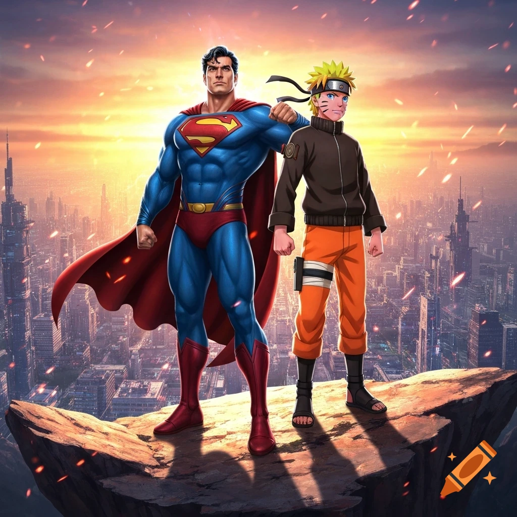 Superman and Naruto stand on a rocky cliff overlooking a city at sunset, in a vibrant comic art style.