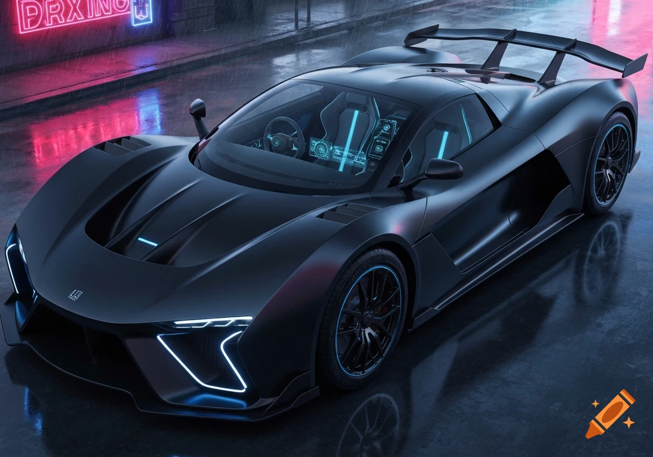 A sleek matte black futuristic supercar with glowing blue accents parked on a wet urban street at night under neon lights.