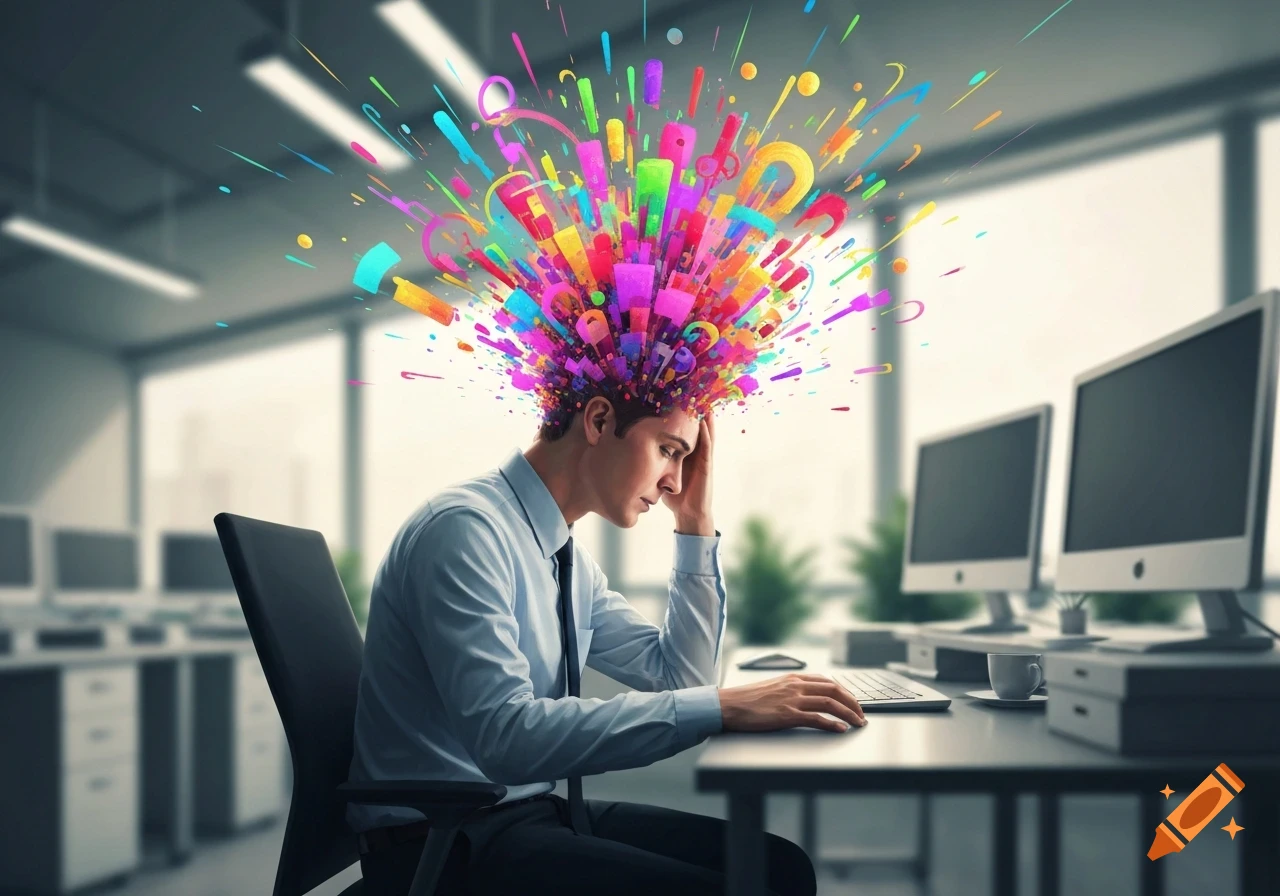 A man in a shirt and tie sits at an office desk, hand on his head, as a vibrant explosion of colorful abstract shapes bursts from his head.