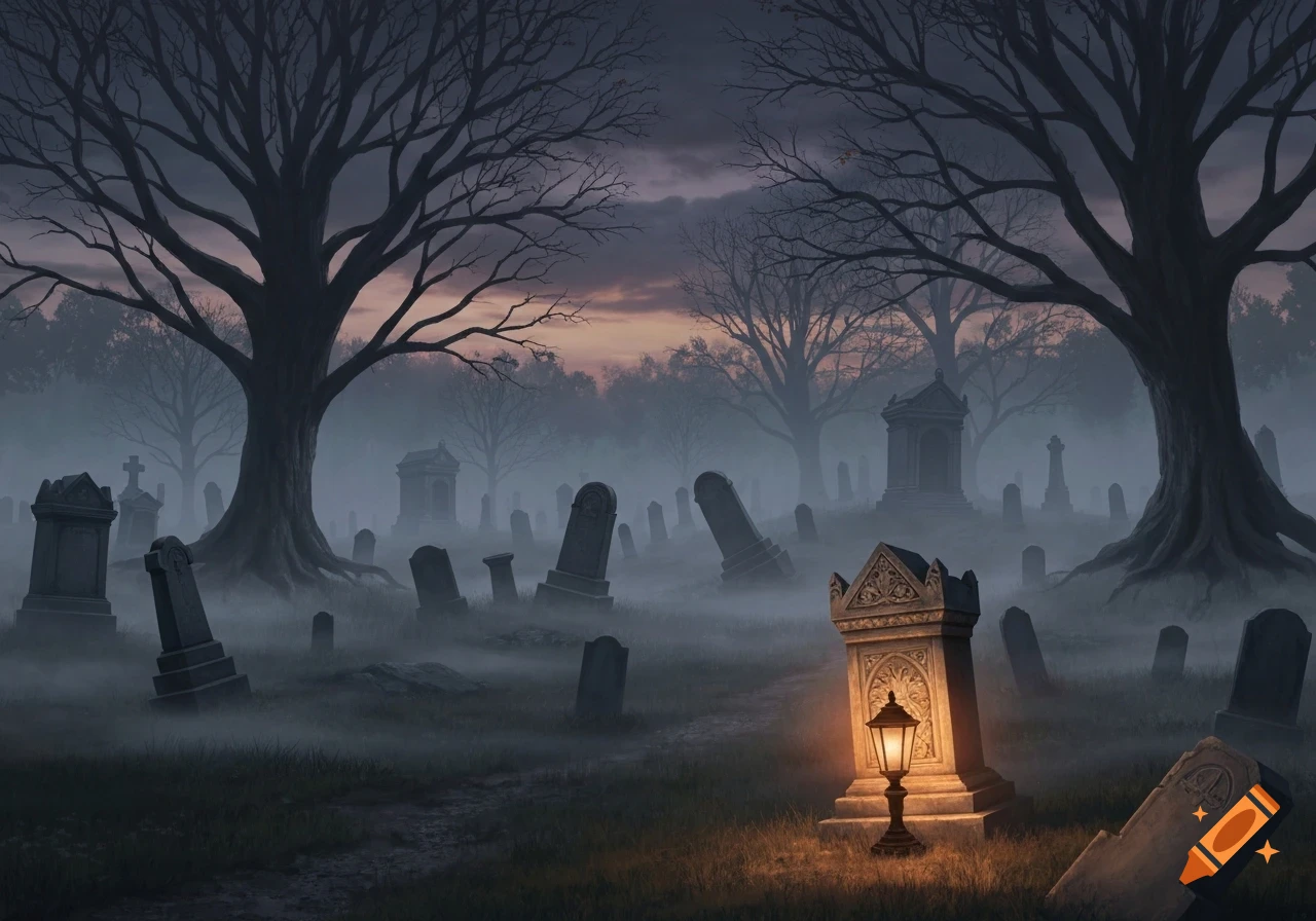 A dark, foggy graveyard at dusk, with bare trees, numerous tombstones, crypts, and a glowing lantern on a tombstone.