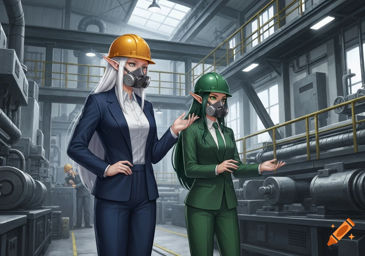 Two elf women in business suits, hard hats, and gas masks stand in a detailed factory, digital illustration.