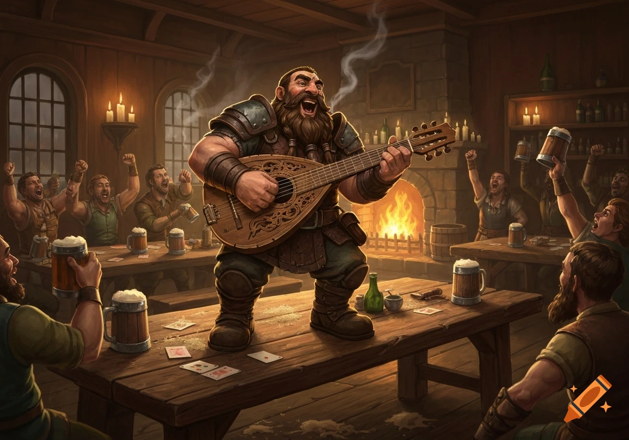 A jovial dwarf bard with a large beard plays a lute standing on a wooden table, entertaining cheering patrons in a cozy, firelit tavern.