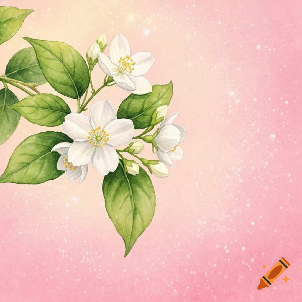 Watercolor illustration of white jasmine flowers and green leaves on a soft pink background with glitter.