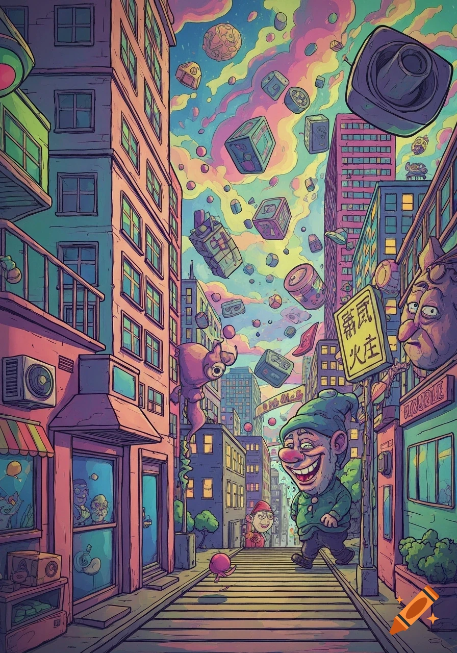A vibrant, cartoonish street scene in a city with colorful buildings and a surreal sky filled with floating objects and psychedelic clouds. A grinning, troll-like character walks down the street.