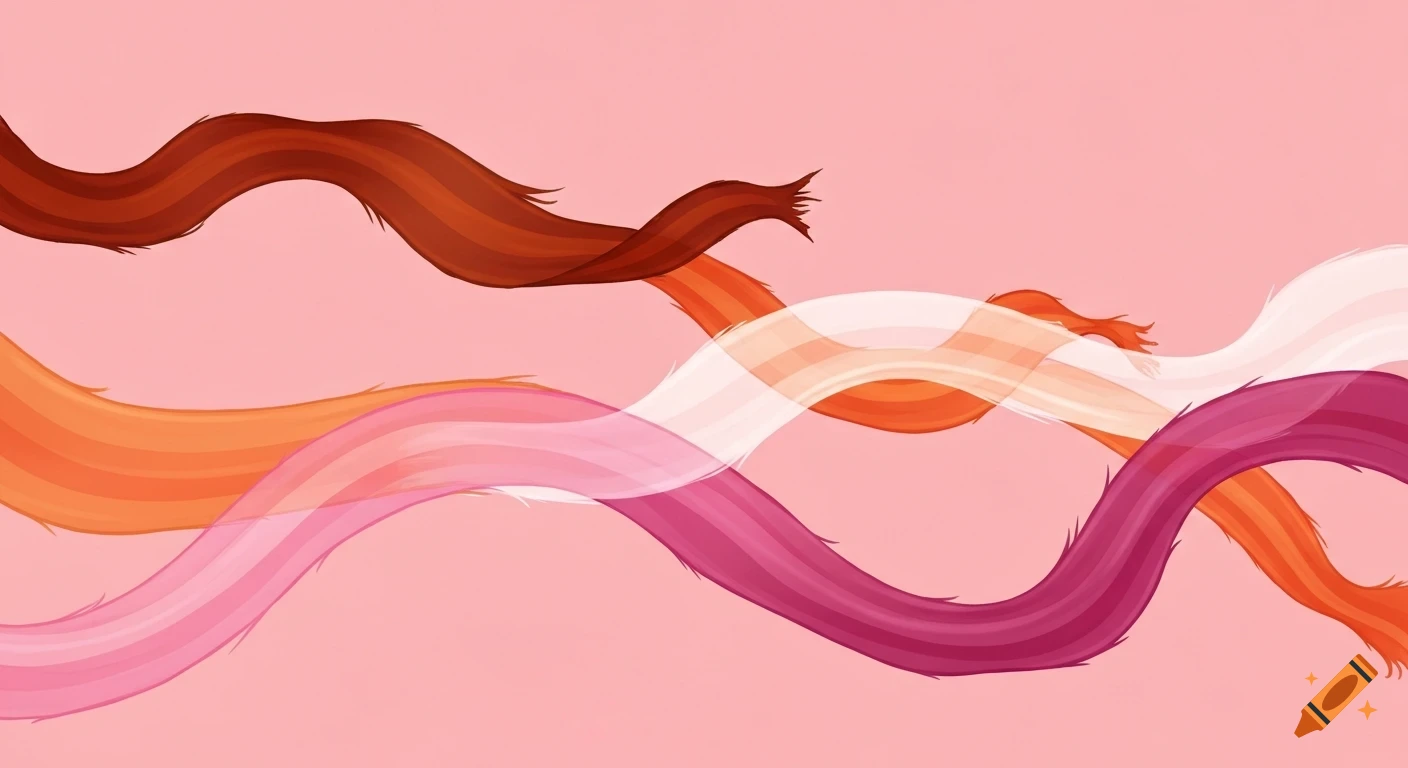 Dreamy, abstract ribbons in dark orange, light orange, white, light pink, and dark pink flow across a pastel pink background.