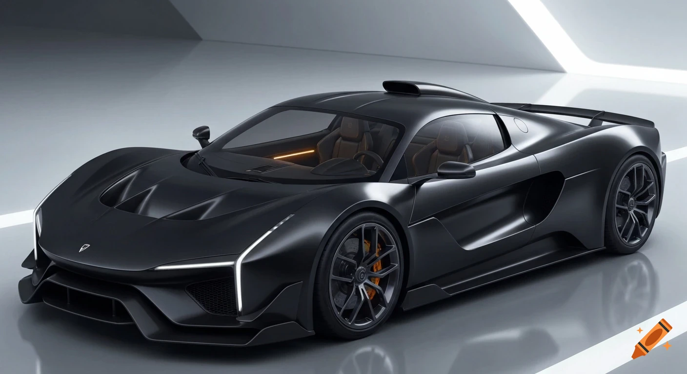 A sleek, black hypercar with white LED headlights and orange interior accents is parked in a minimalist, modern showroom.