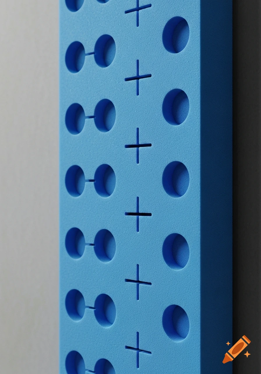 Close-up 3D render of a vertical blue foam panel with rows of circular and plus-shaped holes.