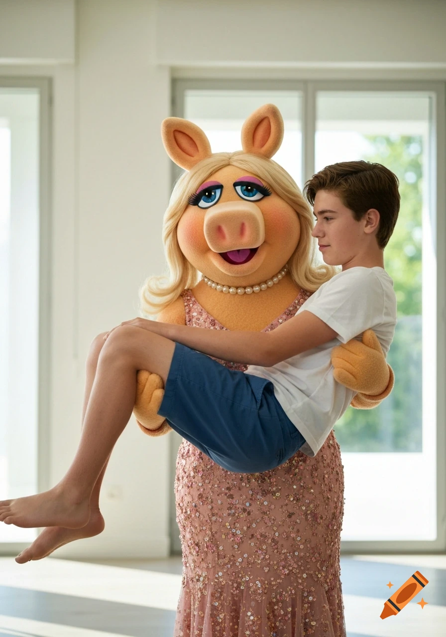 Miss Piggy in a sparkly dress carries a barefoot teenage boy in a white t-shirt and blue shorts in a bright room.