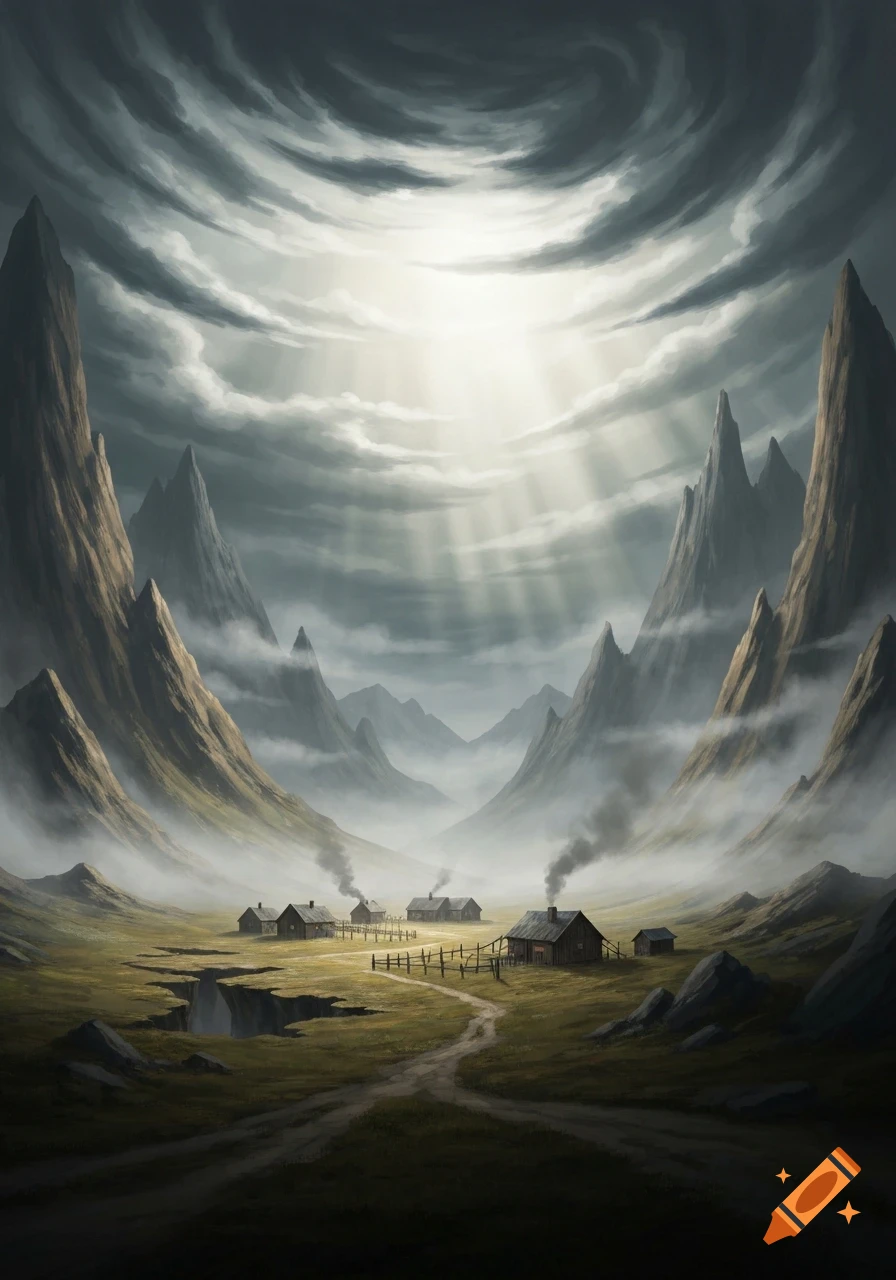 A dramatic fantasy landscape featuring towering mountains, a misty valley with a small village, and a cloudy sky with sun rays breaking through.