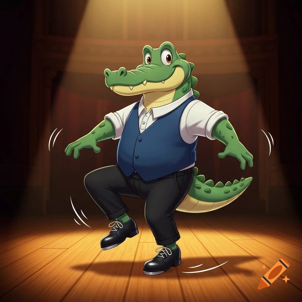 A friendly cartoon anthropomorphic alligator in a vest and tap shoes tap dancing under a spotlight on a wooden stage.