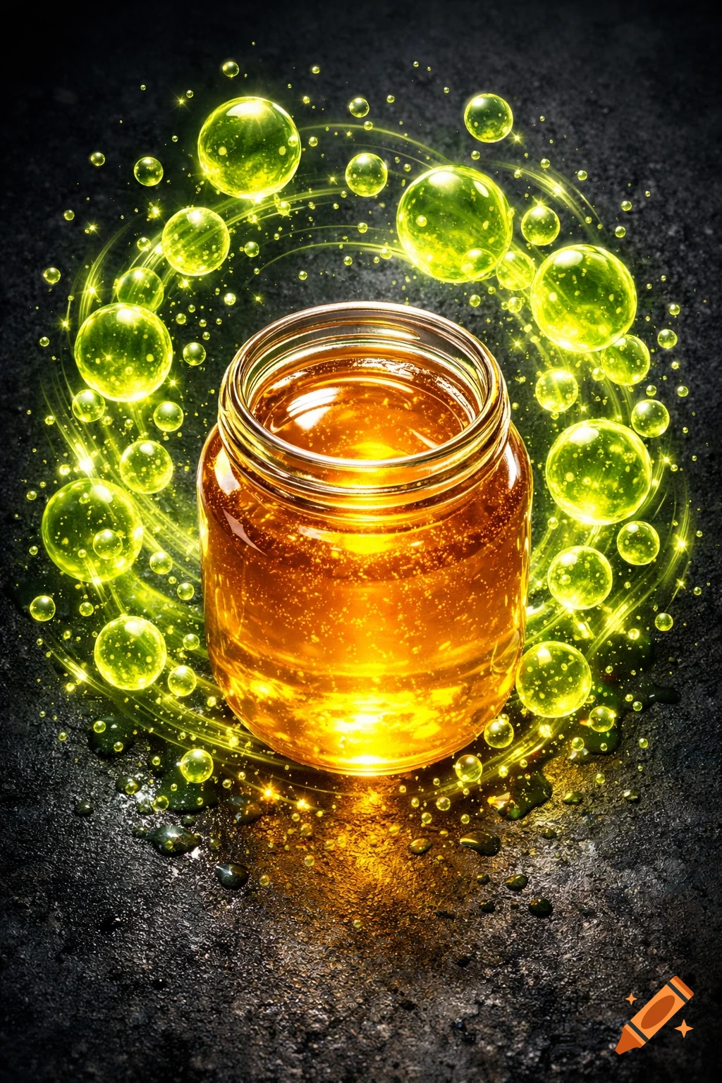 Glowing jar of golden honey surrounded by bright green, swirling luminous bubbles on a dark background, cinematic style.