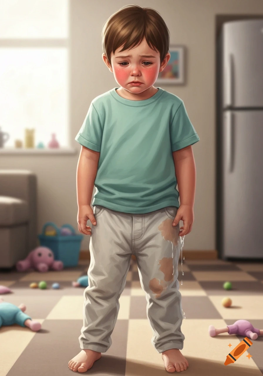 A digitally illustrated image of a sad young boy with red cheeks standing barefoot on a checkered floor, his pants wet and stained. Toys are scattered in the blurred background.