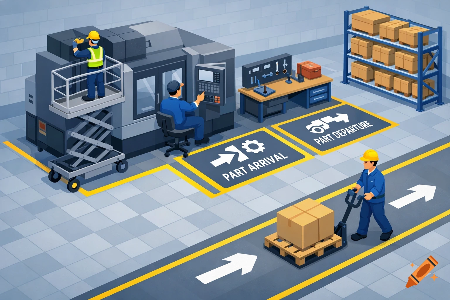 Isometric vector illustration of a modern industrial workshop with workers, a CNC machine, and logistics flow.