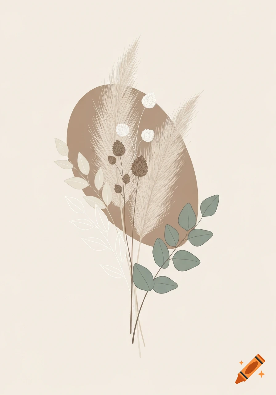 Minimalist boho illustration of pampas grass, dried flowers, and eucalyptus in neutral earthy tones with a brown oval.