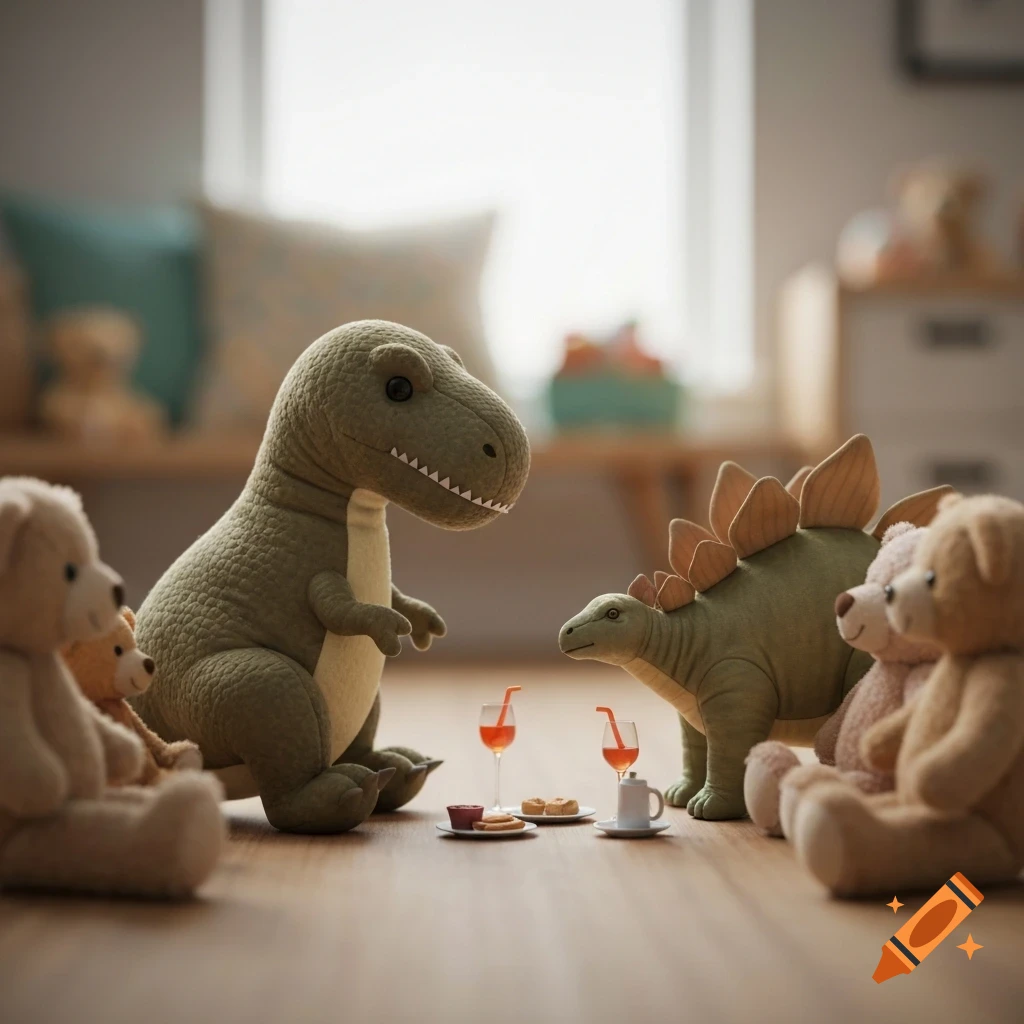 Plush T-Rex, Stegosaurus, and teddy bears share drinks and snacks on a wooden floor in a cozy room.