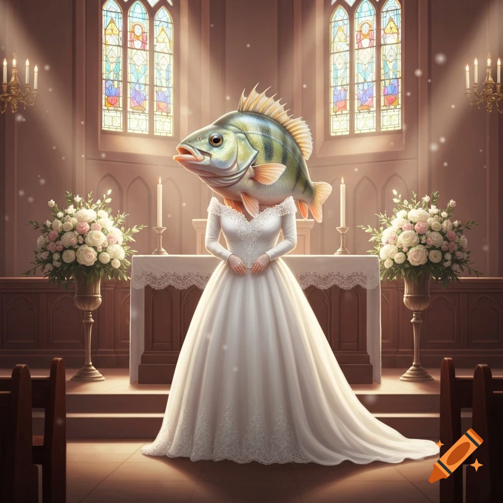 A perch fish in a wedding dress stands at an altar in a sunlit church, with stained glass windows.