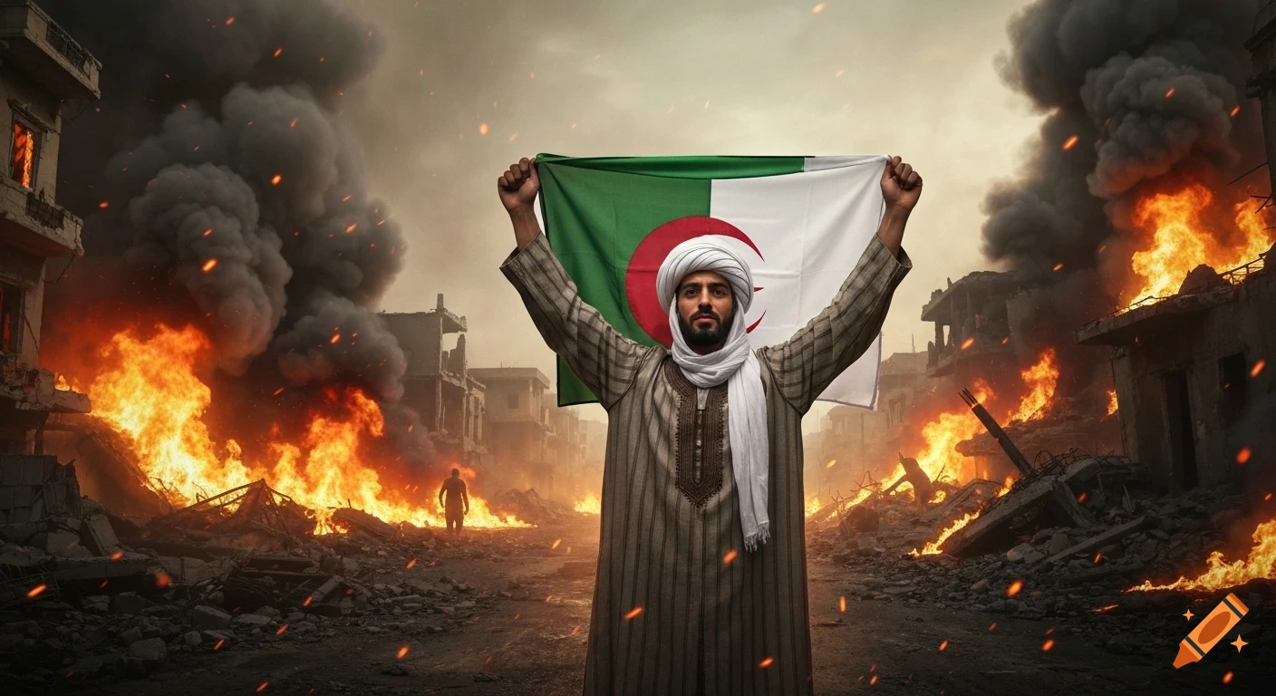 Photorealistic cinematic shot of an Algerian man proudly holding his country's flag amidst burning ruins and smoke.