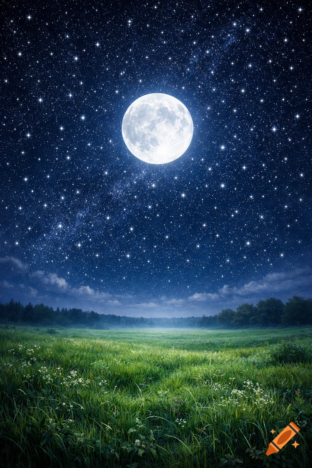 A lush green meadow under a dark blue night sky filled with countless bright stars and a large, glowing full moon.