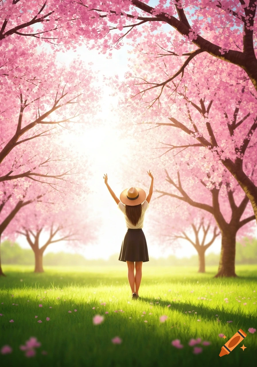 A woman in a hat stands in a sunlit meadow, hands raised, surrounded by pink cherry blossom trees.