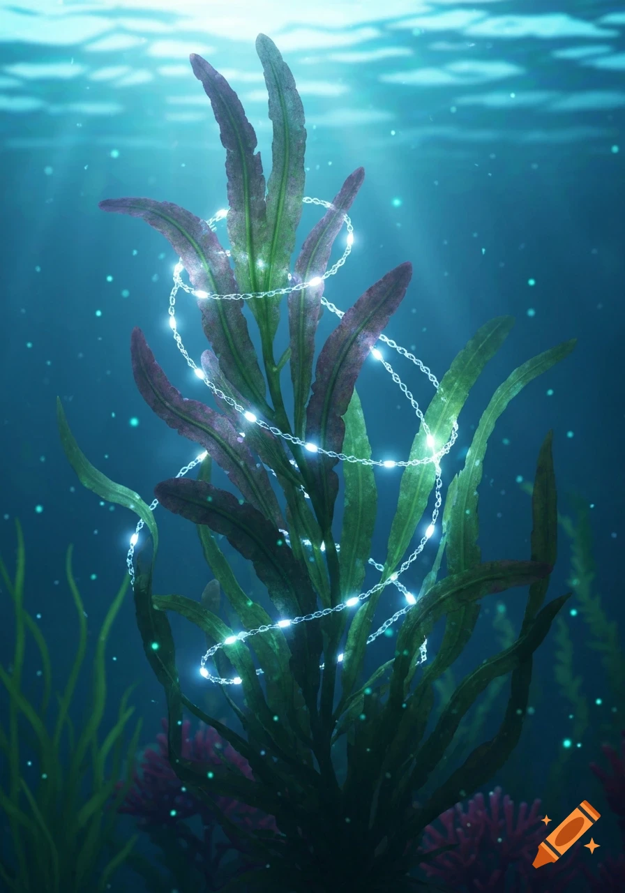 An underwater plant is illuminated by a glowing chain of blue-white LED lights, surrounded by deep blue water with light rays.