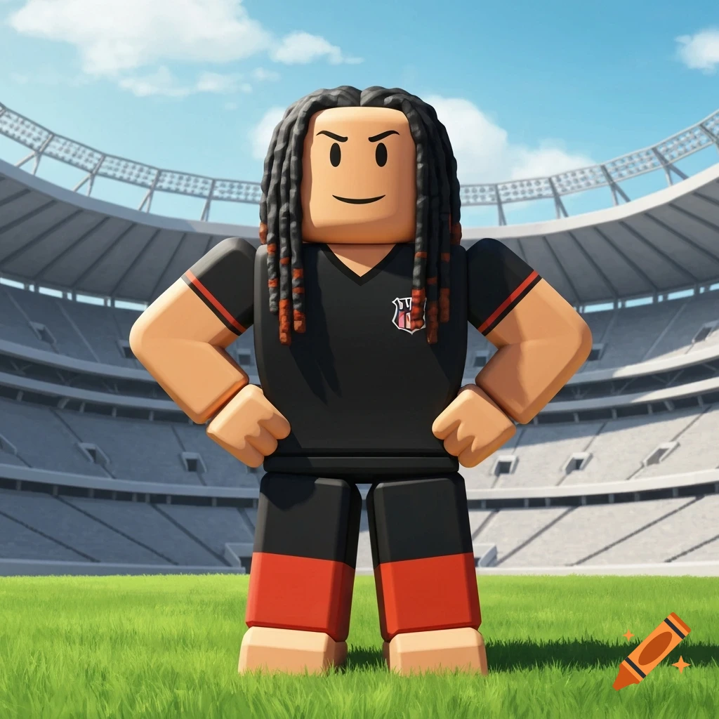 A Roblox-style character with dreadlocks, wearing a black and red uniform, stands on a grass field in a stadium under a blue sky, hands on hips.