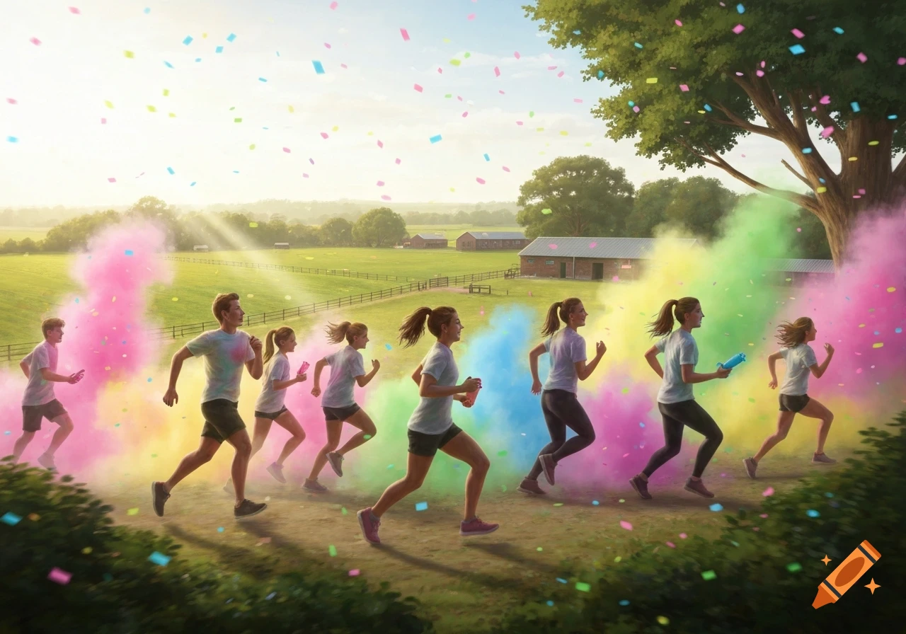 A group of diverse people running through colorful powder and confetti in a sunny rural landscape with fields and farm buildings.