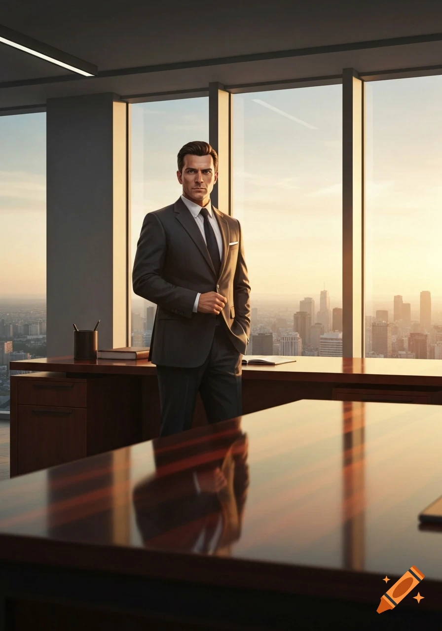 A confident man in a dark suit stands in a high-rise office with a city skyline view at sunset, rendered in a photorealistic style.