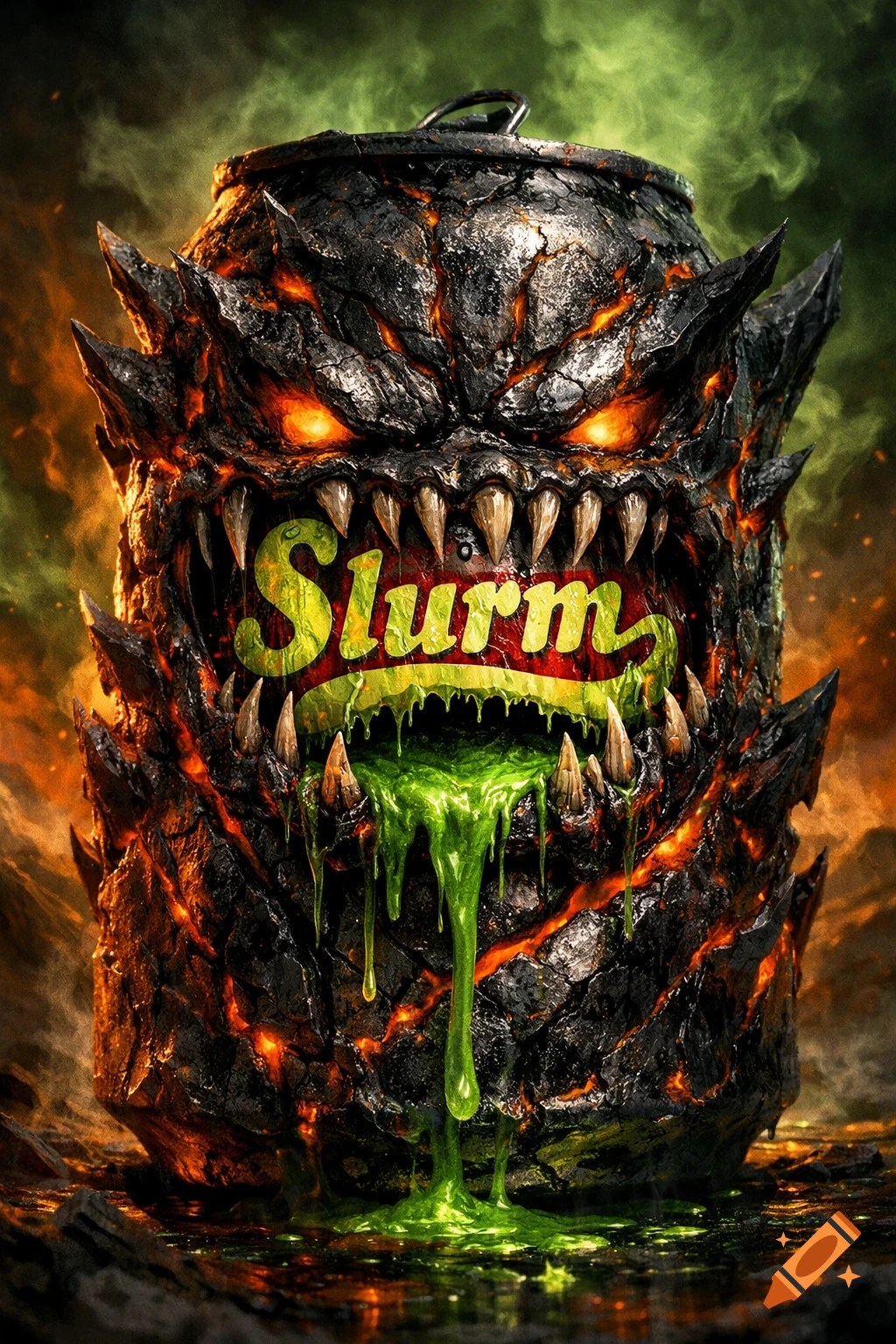 A monstrous, lava-cracked soda can with glowing eyes, sharp teeth, and green slime dripping from its mouth, labeled 'Slurm'.