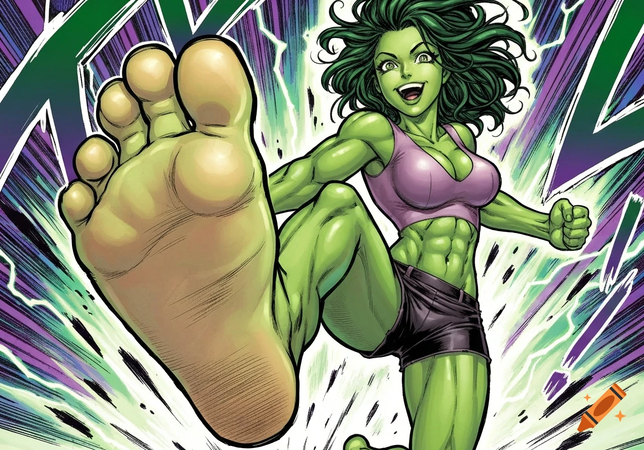 Manga style She-Hulk in a dynamic pose, with a large bare foot in the foreground, ready to kick, looking happy.