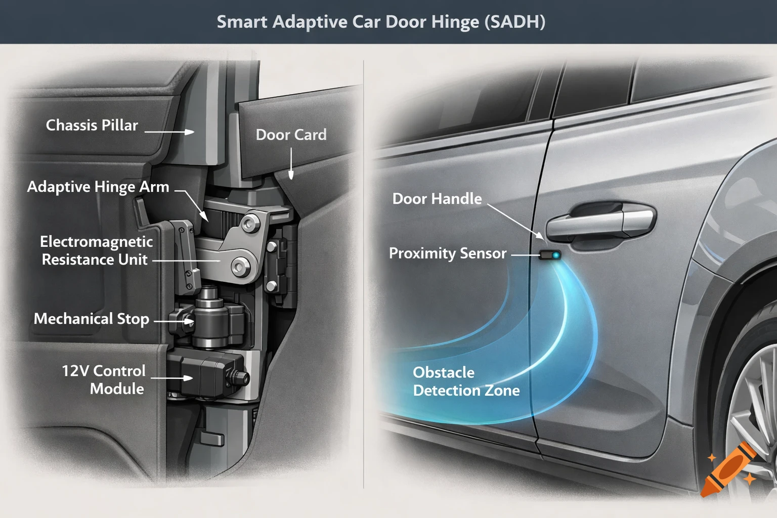 A detailed technical diagram illustrating a Smart Adaptive Car Door Hinge with internal components and an external proximity sensor with obstacle detection.