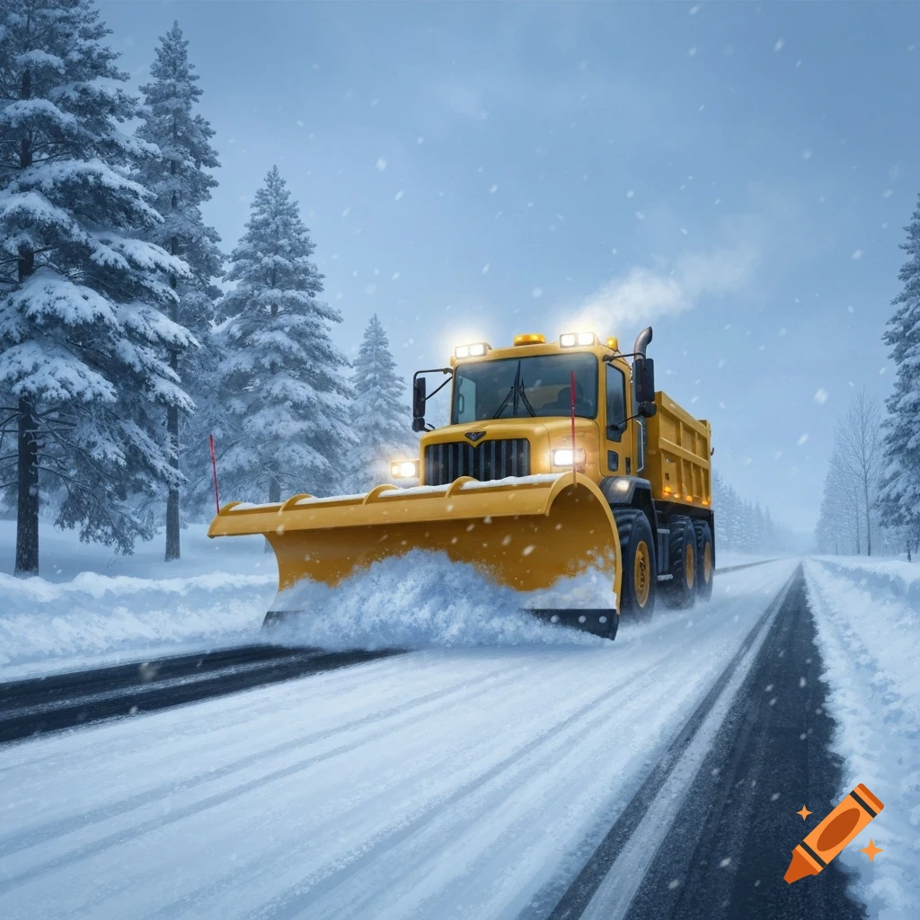 A yellow snowplow truck clears a snowy road lined with pine trees during a snowstorm, headlights on.